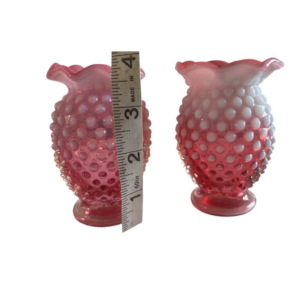 PAIR Vintage Fenton Vase Cranberry Opalescent Hobnail Glass Bud Vase Ruffle#08